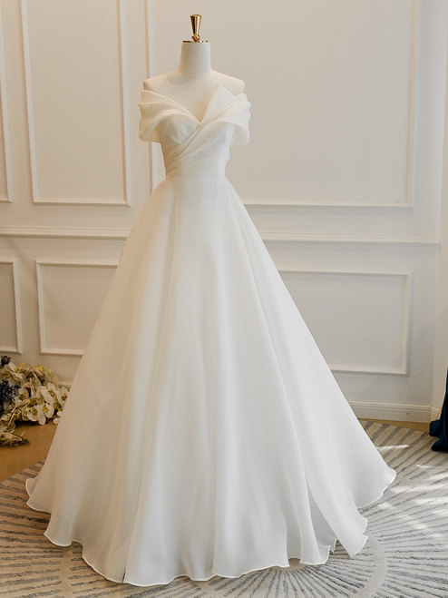 White Off the Shoulder Pleats Wedding Dress