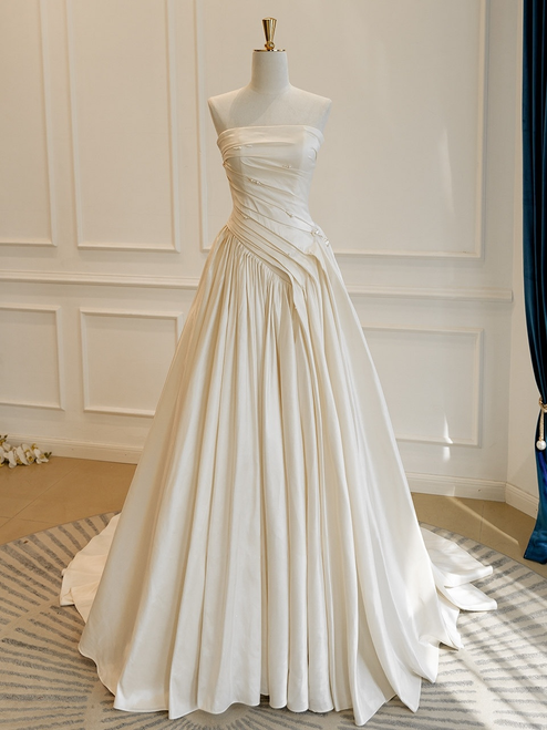 Ivory Satin Strapless Pleats Wedding Dress