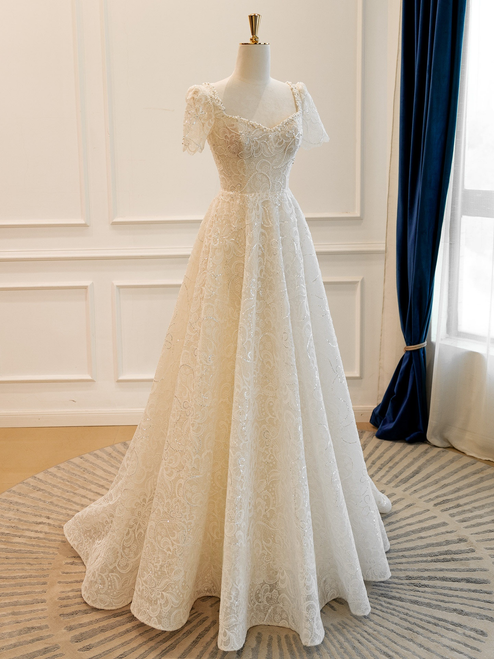 Sequins Lace Short Sleeve Beading Wedding Dress