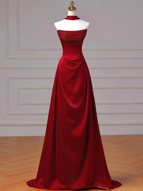 Burgundy Satin Strapless Pleats Prom Dress