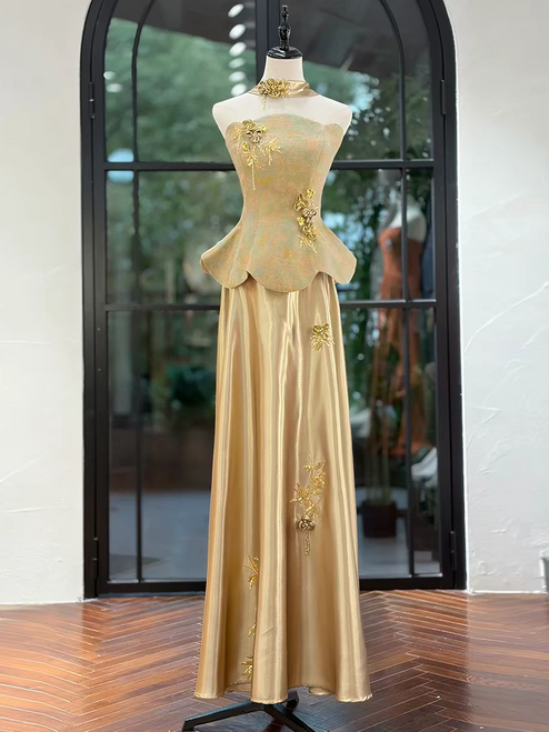 Gold Satin Strapless 3D Flower Prom Dress