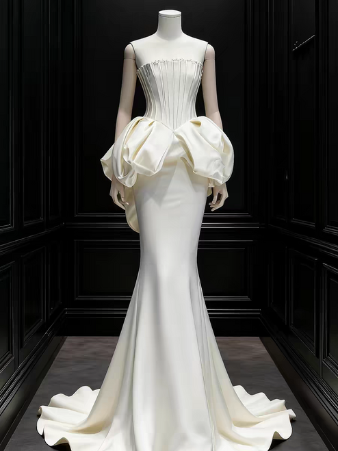 Ivory Mermaid Satin Strapless Prom Dress