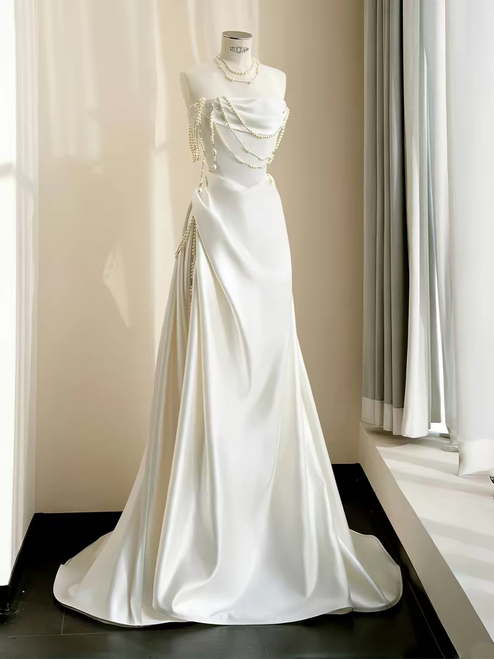 White Satin Strapless Pearls Wedding Dress