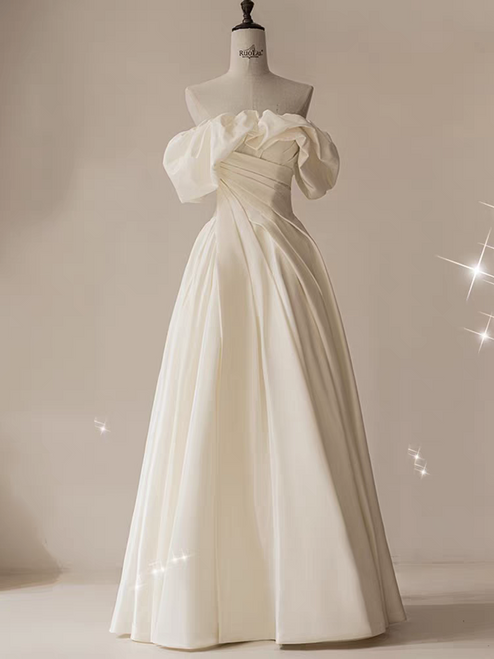 Ivory Satin Off the Shoulder Pleats Wedding Dress
