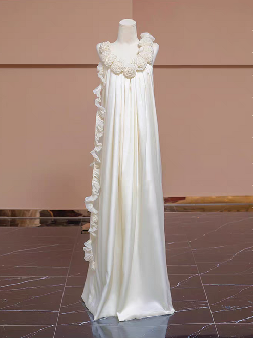 Loose Ivory Satin Straps Flower Wedding Dress