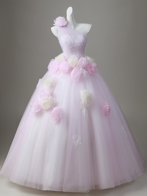 Pink Tulle One Shoulder Pleats Flower Quinceanera Dress