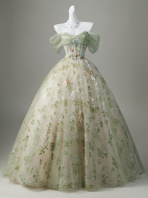 Green Sequins Tulle Off the Shoulder Quinceanera Dress