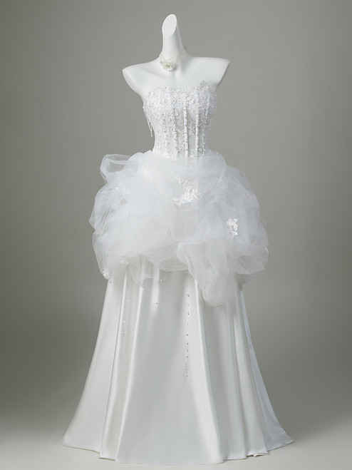 White Tulle Satin Strapless Appliques Wedding Dress
