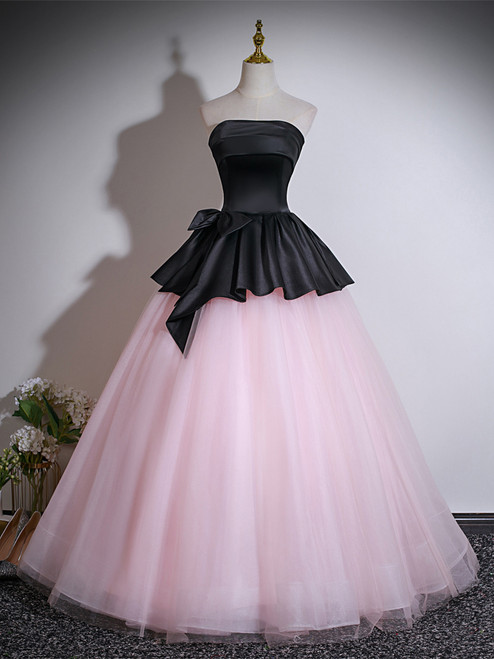 Pink Tulle Black Satin Strapless Quinceanera Dress