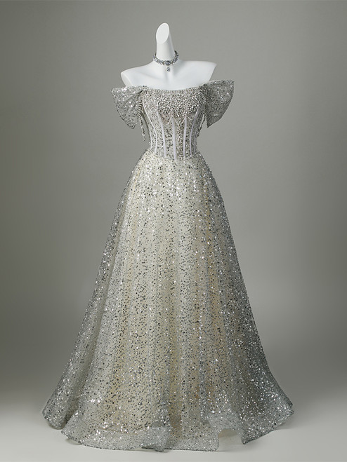 Light Gray Sequins Off the Shoulder Crystal Prom Dress