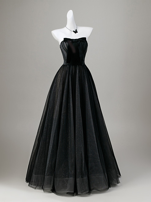 Black Tulle Sequins Strapless Prom Dress