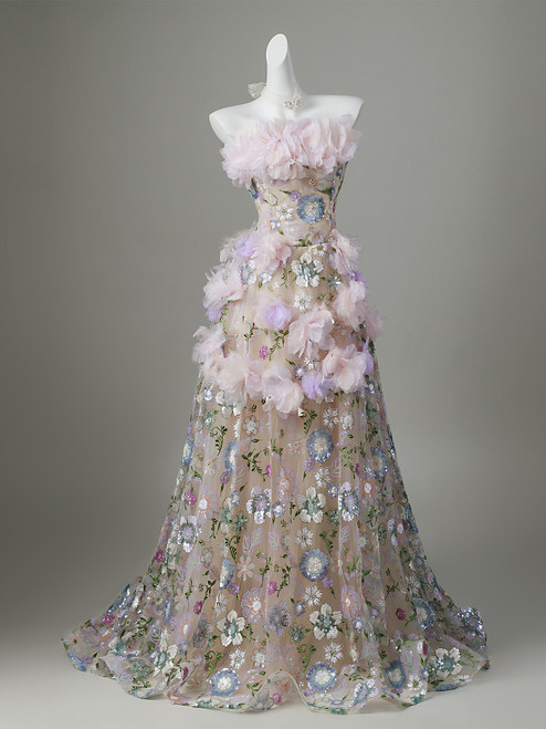 Champagne Tulle Sequins Strapless Prom Dress