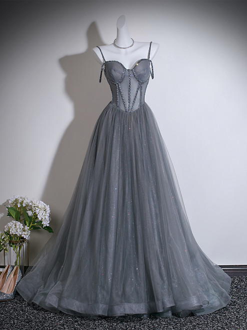 Gray Tulle Straps Beading Prom Dress