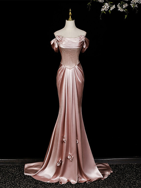Pink Mermaid Satin Off the Shoulder Flower Prom Dress