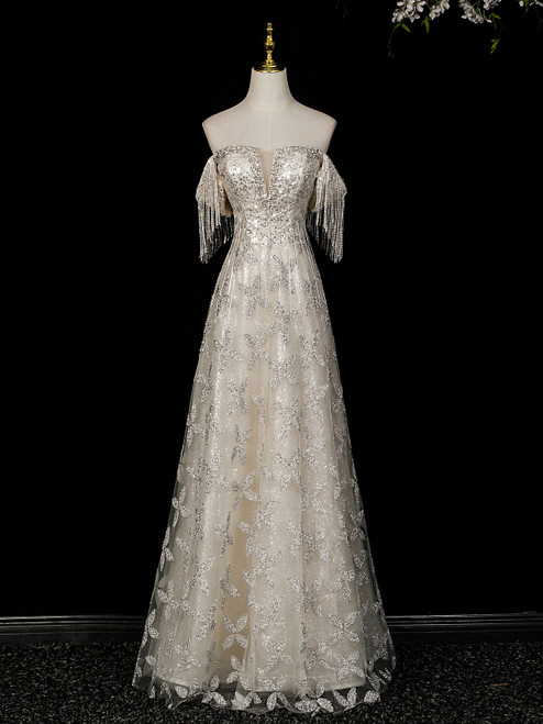 Champagne Sequins Strapless Beading Prom Dress