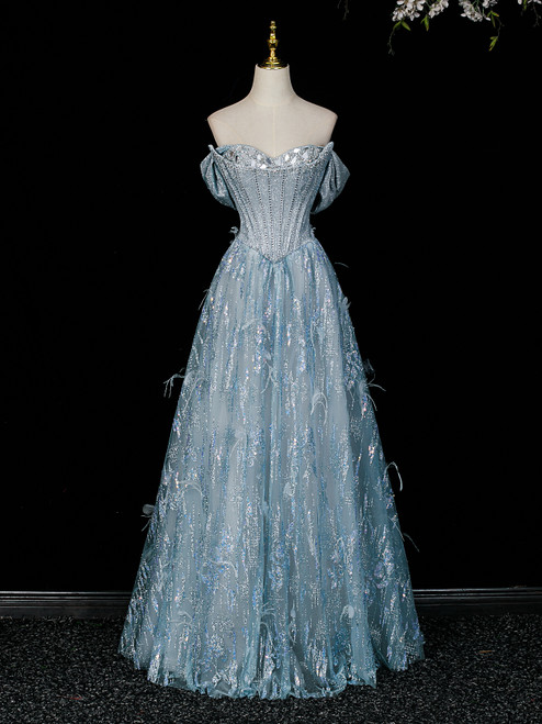 Blue Tulle Sequins Strapless Beading Prom Dress