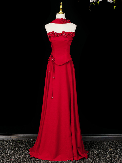 Red Strapless 3D Appliques Prom Dress