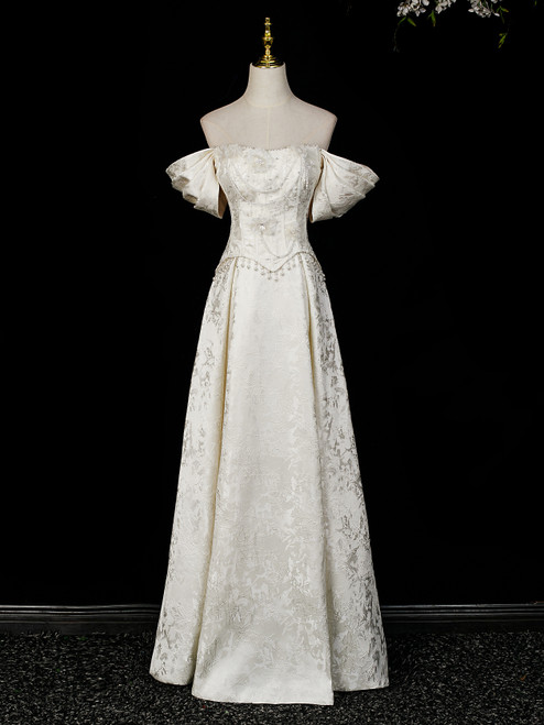 Ivory Off the Shoulder Pearls Prom Dress