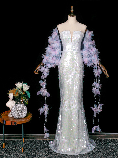 White Mermaid Sequins Strapless Prom Dress