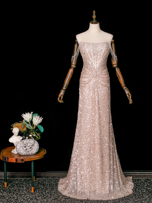 Pink Sequins Strapless Beading Prom Dress