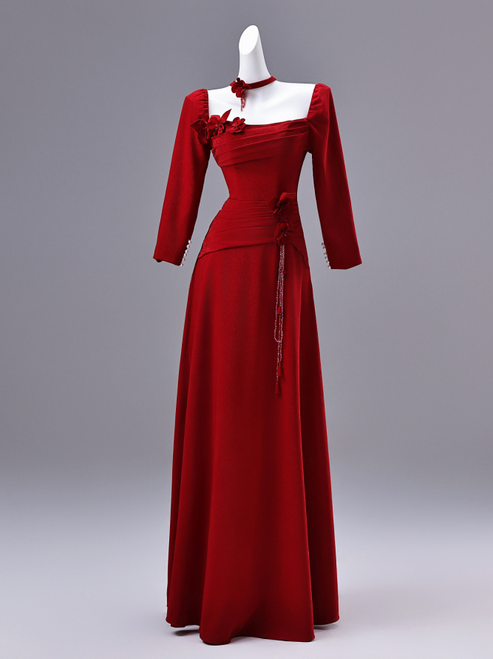 Burgundy Long Sleeve Pleats Flower Prom Dress
