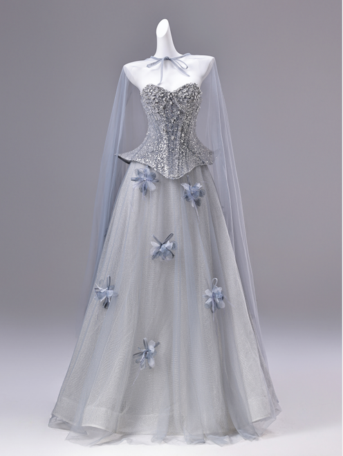 Gray Blue Tulle Sequins Strapless Prom Dress