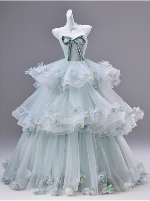 Green Tulle Strapless Tiers Flower Prom Dress