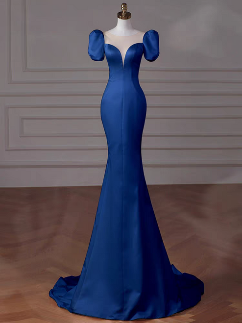Blue Mermaid Satin Puff Sleeve Prom Dress