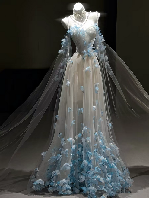 Tulle Straps Pleats Flower Prom Dress