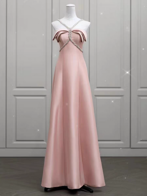 Pink Satin Halter Beading Prom Dress