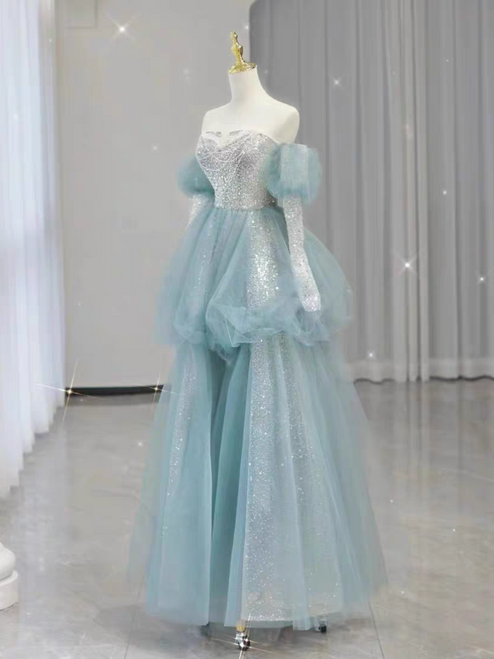 Blue Tulle Sequins Long Sleeve Prom Dress