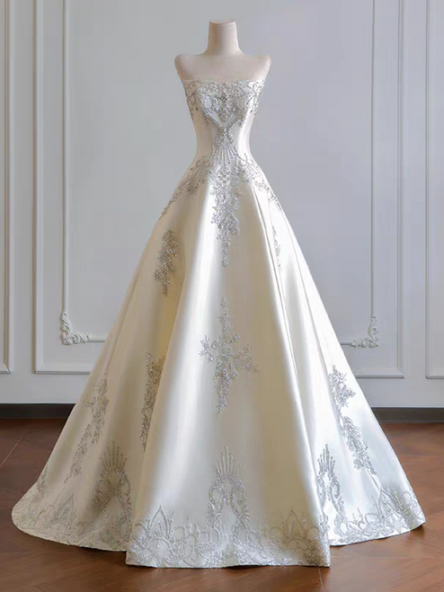 Ivory Satin Strapless Sequins Beading Wedding Dress