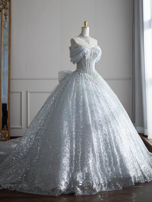 White Sequins Off the Shoulder Crystal Wedding Dress