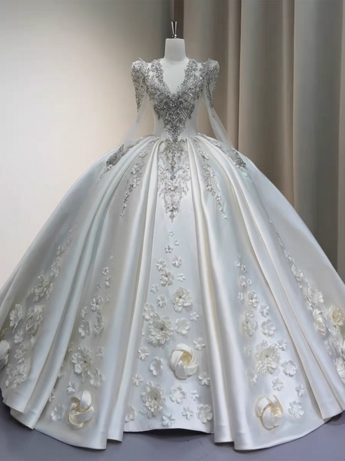 Ivory Satin Long Sleeve Beading Wedding Dress