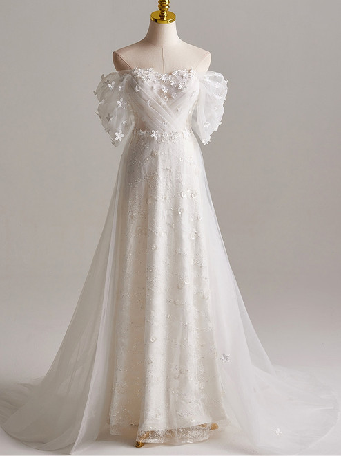 White Tulle Lace Flower Wedding Dress
