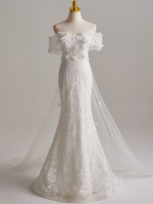 White Mermaid Lace Tulle Flower Wedding Dress