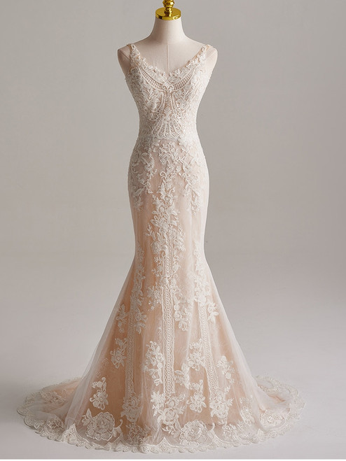 Champagne Mermaid Lace Beading Wedding Dress