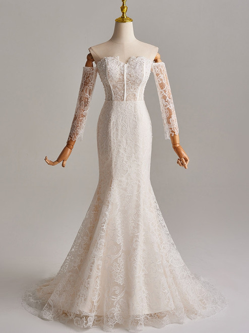 White Mermaid Lace Long Sleeve Wedding Dress