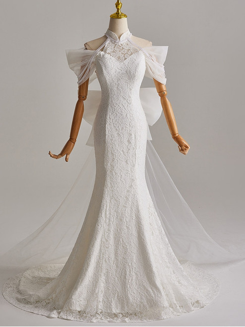 White Mermaid Lace Halter Wedding Dress