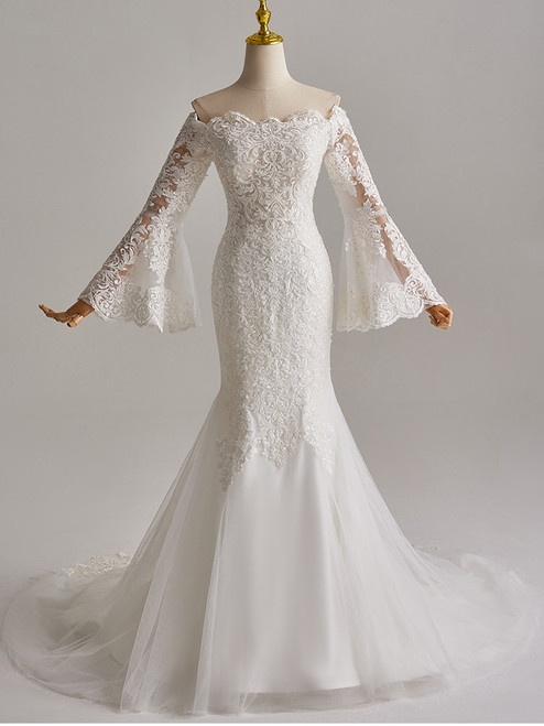 White Mermaid Tulle Appliques Long Sleeve Wedding Dress