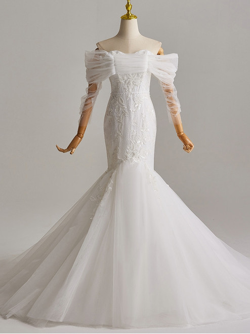 White Mermaid Tulle Appliques Beading Wedding Dress
