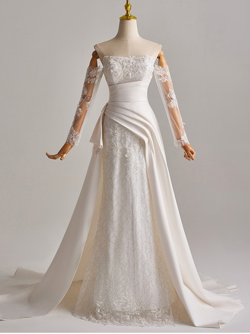 White Satin Long Sleeve Sequins Beading Wedding Dress