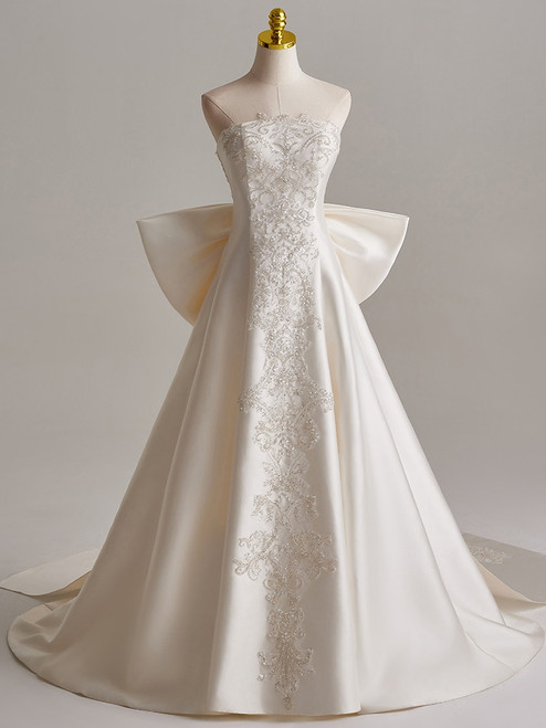 Ivory White Satin Strapless Sequins Beading Wedding Dress