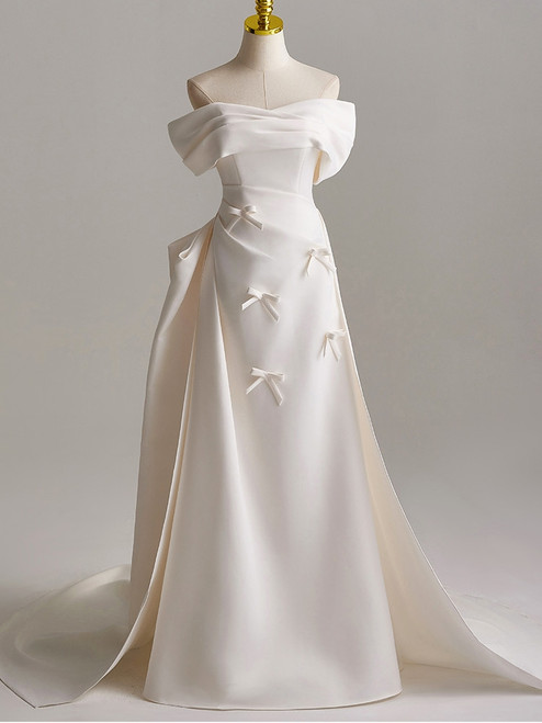 Ivory White Satin Off the Shoulder Pleats Wedding Dress