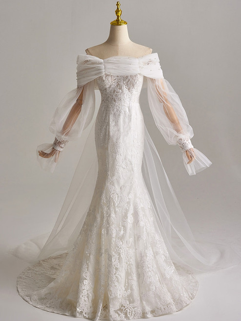 White Mermaid Long Sleeve Lace Pleats Wedding Dress