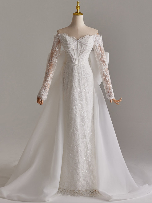 White Lace Long Sleeve Off the Shoulder Wedding Dress