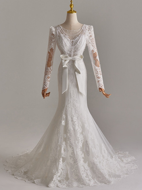 White Mermaid Lace Long Sleeve Wedding Dress