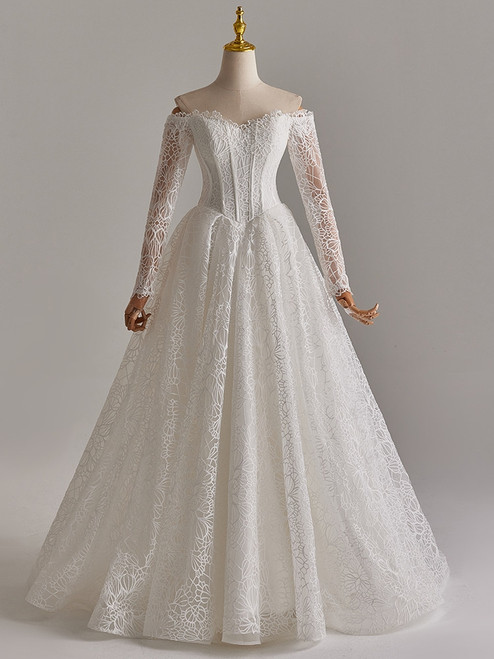 White Lace Long Sleeve Off the Shoulder Wedding Dress