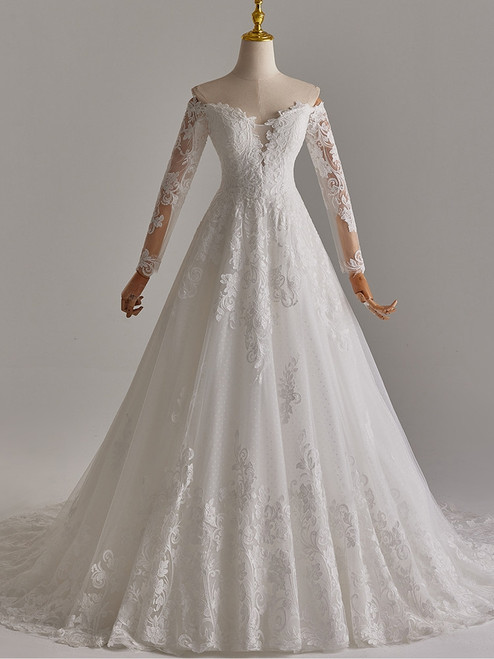 White Tulle Lace Long Sleeve Wedding Dress