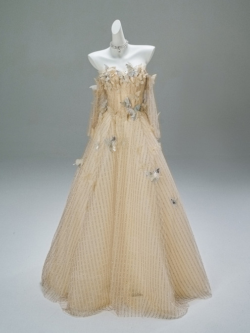 Gold Sequins Long Sleeve Butterfly Prom Dress